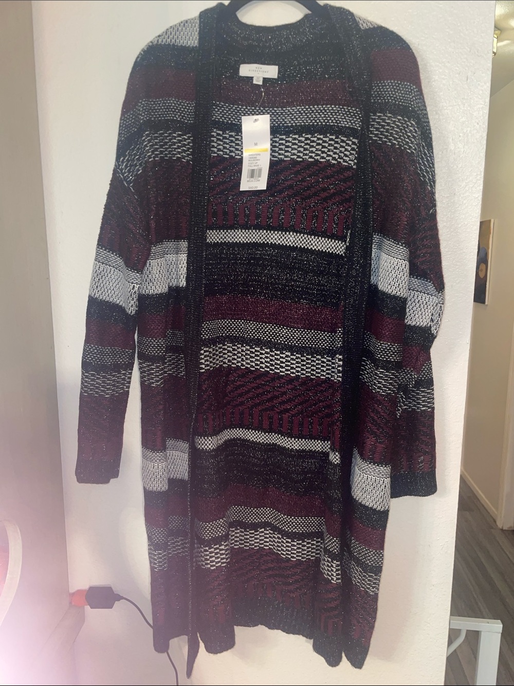 new directions Burgundy, Black and Gray Striped Open-Front Cardigan